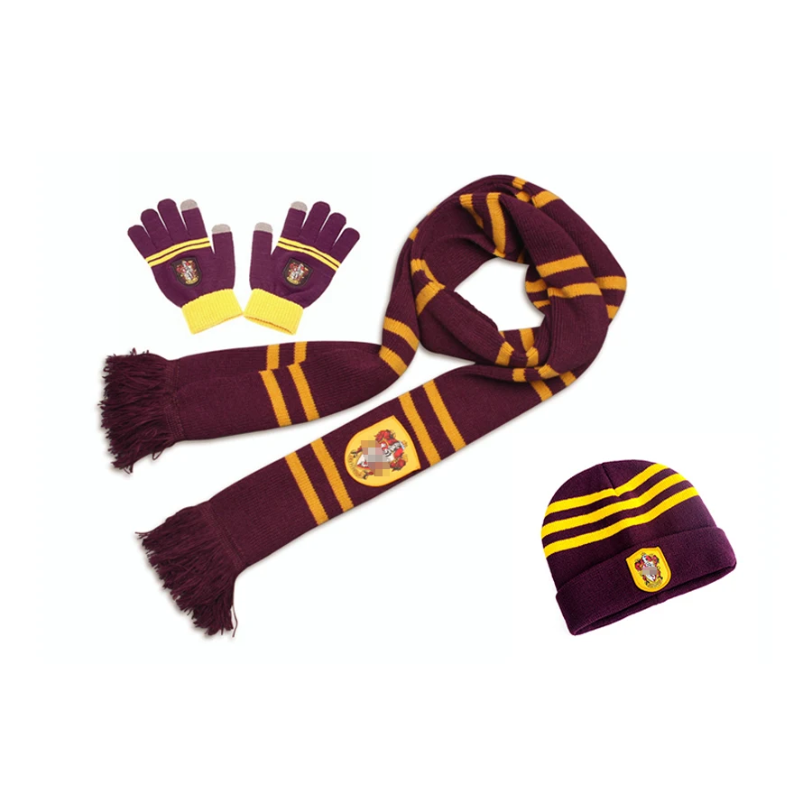 Hogwarts Cosplay Knitted Warm Hat Gloves Three Pieces of Magic Academy Gryffindor Scarf Slytherin Children\'s Adult Gift