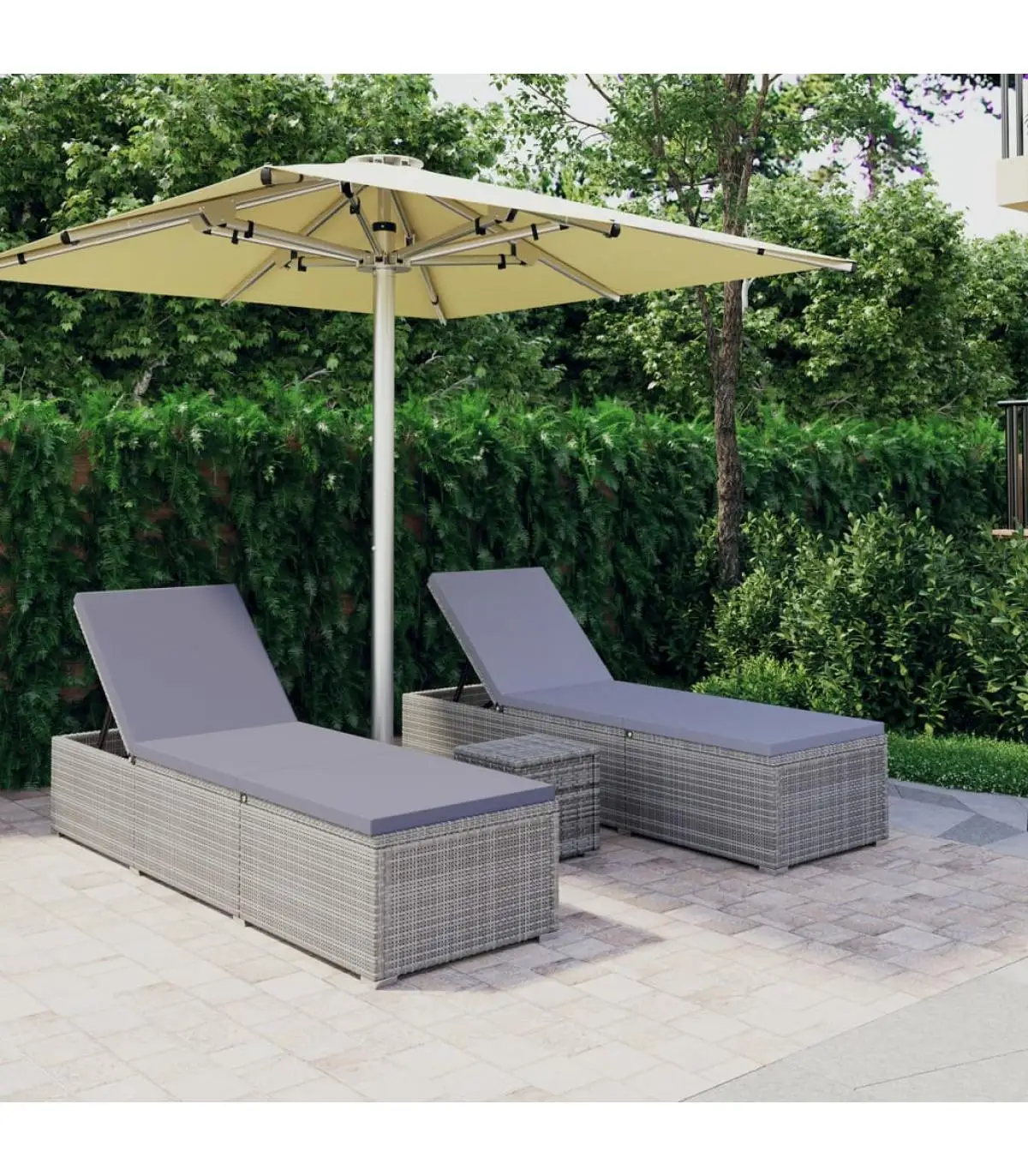 Loungers Garden Loungers and Table 3 Pieces Grey Synthetic Rattan