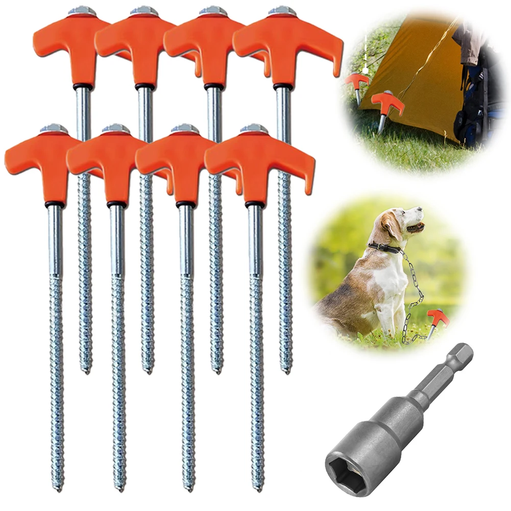 4/8pcs Outdoor Tent Nail 20/25cm Screw Anchor Stakes Pegs Screw In Tent Pegs Ground Nails M8 Carbon Steel Camping Trip Tent Peg