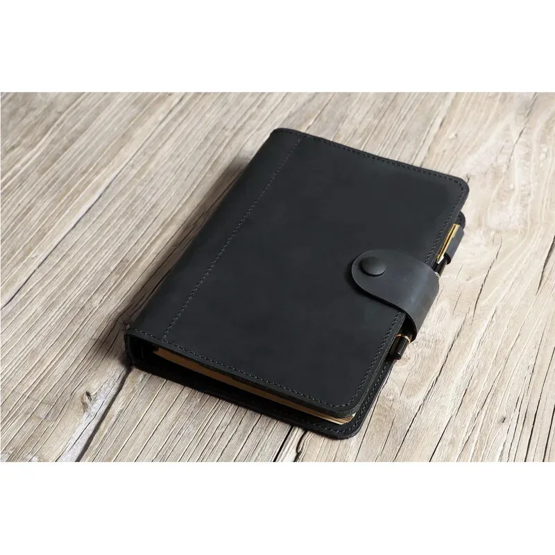 

A+All black leather refillable planner , leather A5 6 ring binder , leather daily portfolio