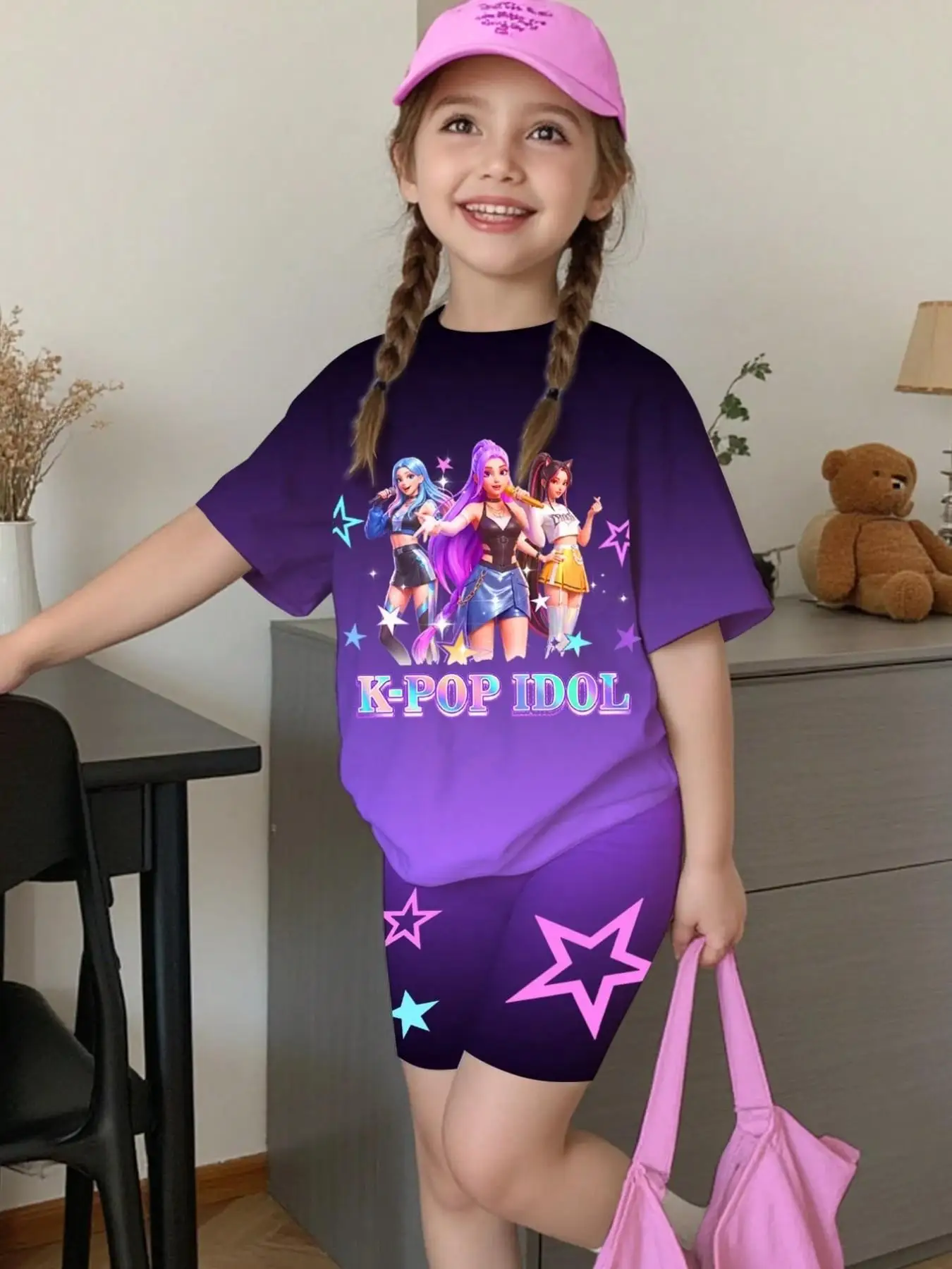 Deep purple two-piece set for girls featuring K-pop idol and anime-style prints; includes a crew-neck short-sleeve T-shirt and s