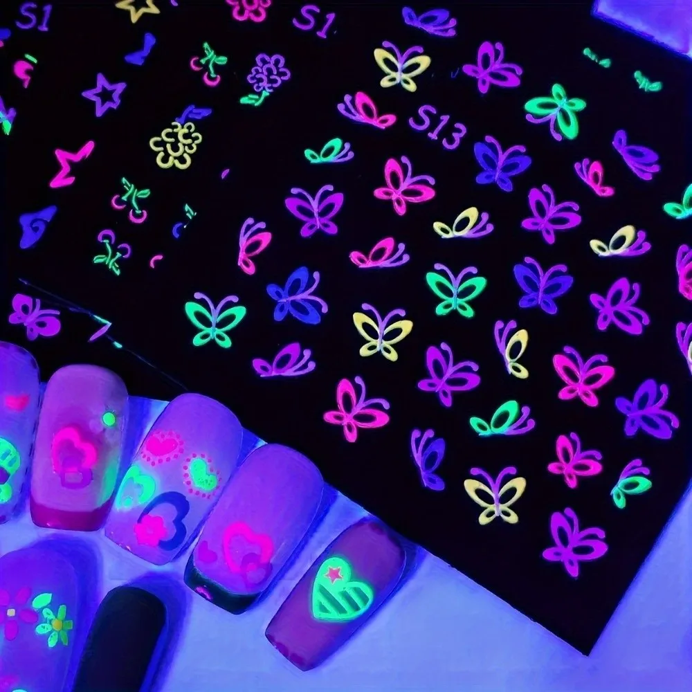 New Glittery 3D Nail Stickers Fluorescence Glossy Neon Nail Stickers Floral Design Colorful Nail Art Decorations for Nail Art