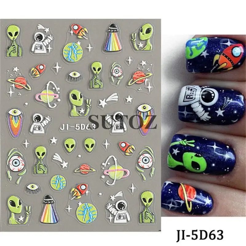 5D Halloween Nail Sticker Relief Stereo Skull Green Head Monster Astronaut Skulls Bone Spooky Astronaut Alien Droplet Eyes Nail