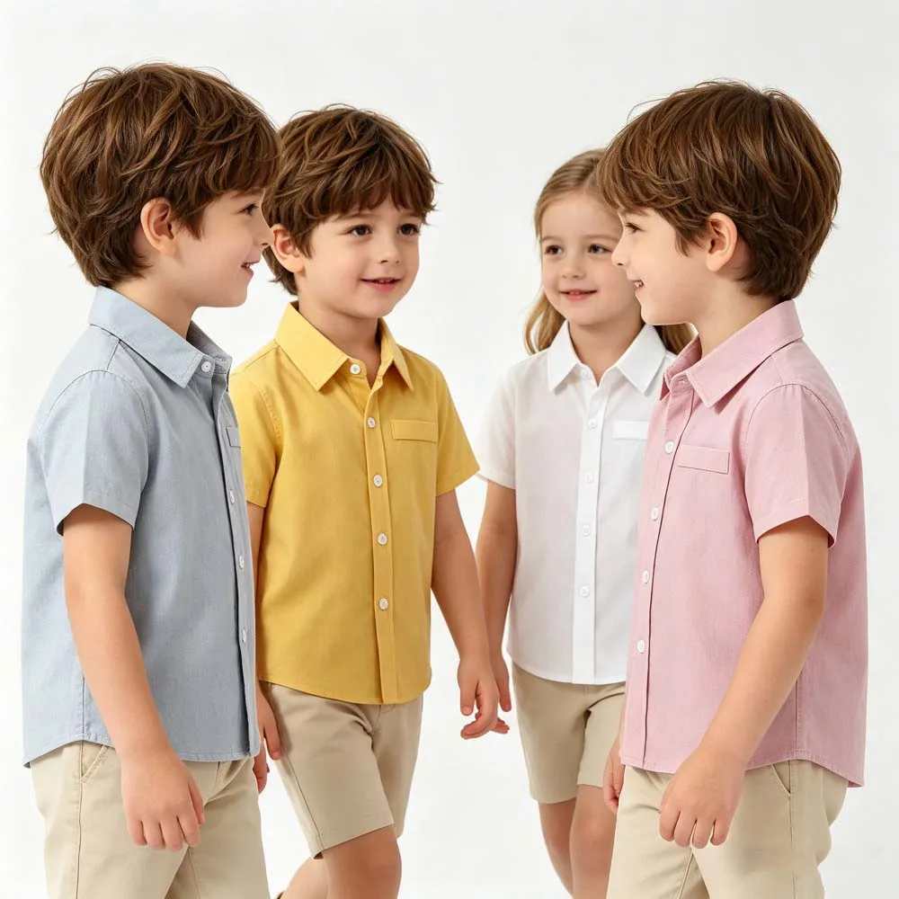 Kids Boys Summer Solid Color Short Sleeve Button‑Down Shirt Cotton Collared With Chest Pocket Casual Daily Wear Children Tops
