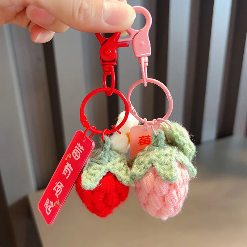 1Pcs New Cute Fun Hand Knitted Wool Pendant Plush Strawberry Doll Keychain Girls Bag Backpack Decoration Pendant Birthday Gift