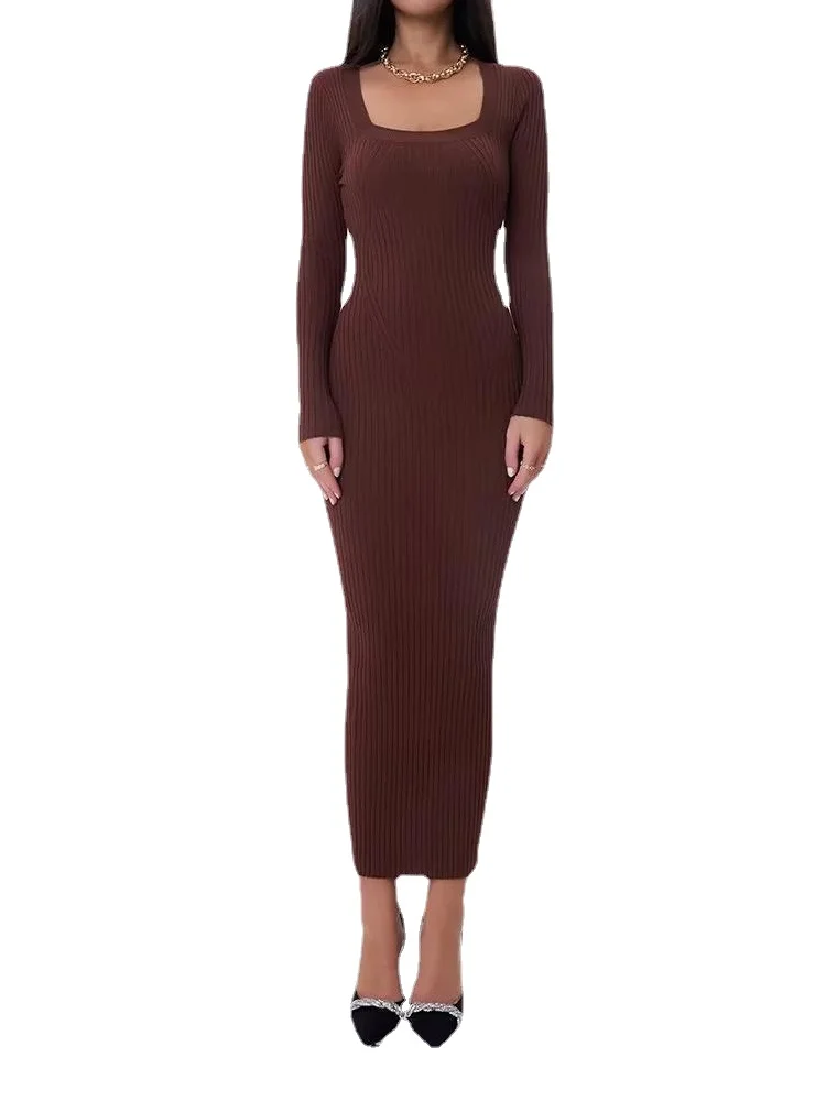 

Women Rib Knitted Evening Dress Long Sleeve Square Collar Midi Stretchable Slim Solid Color Dresses