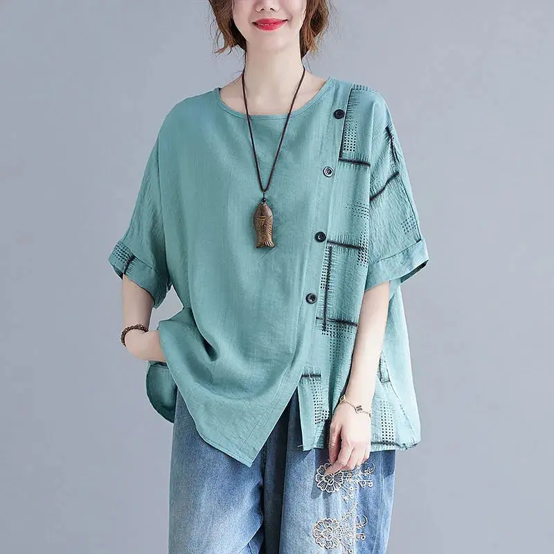 Summer New Cotton Linen Oversized Artistic Retro Women\'s Clothing Loose Slimming Covering Flesh Short Sleeved T-shirt for Women