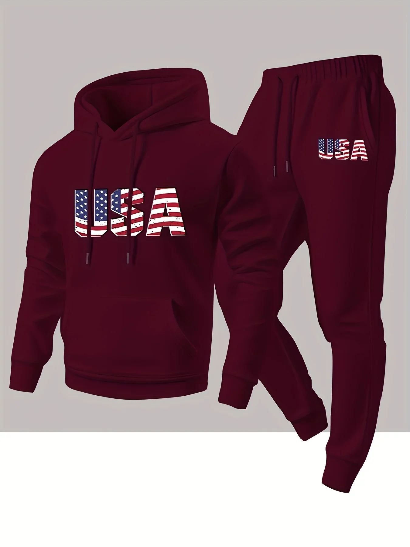 Men Autumn Winter 2 Piece Tracksuit, Trendy Flag Heat Transfer Print Casual Hooded Sweatshirt & Sweatpants Sport Set