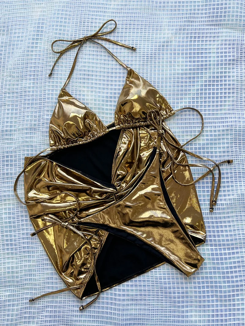 Para Praia Sexy Goud Glanzend Halter Drie Stukken Badpak met Rok 2025, Trekkoord Braziliaanse Badmode Vrouwen Biquini Beachwear