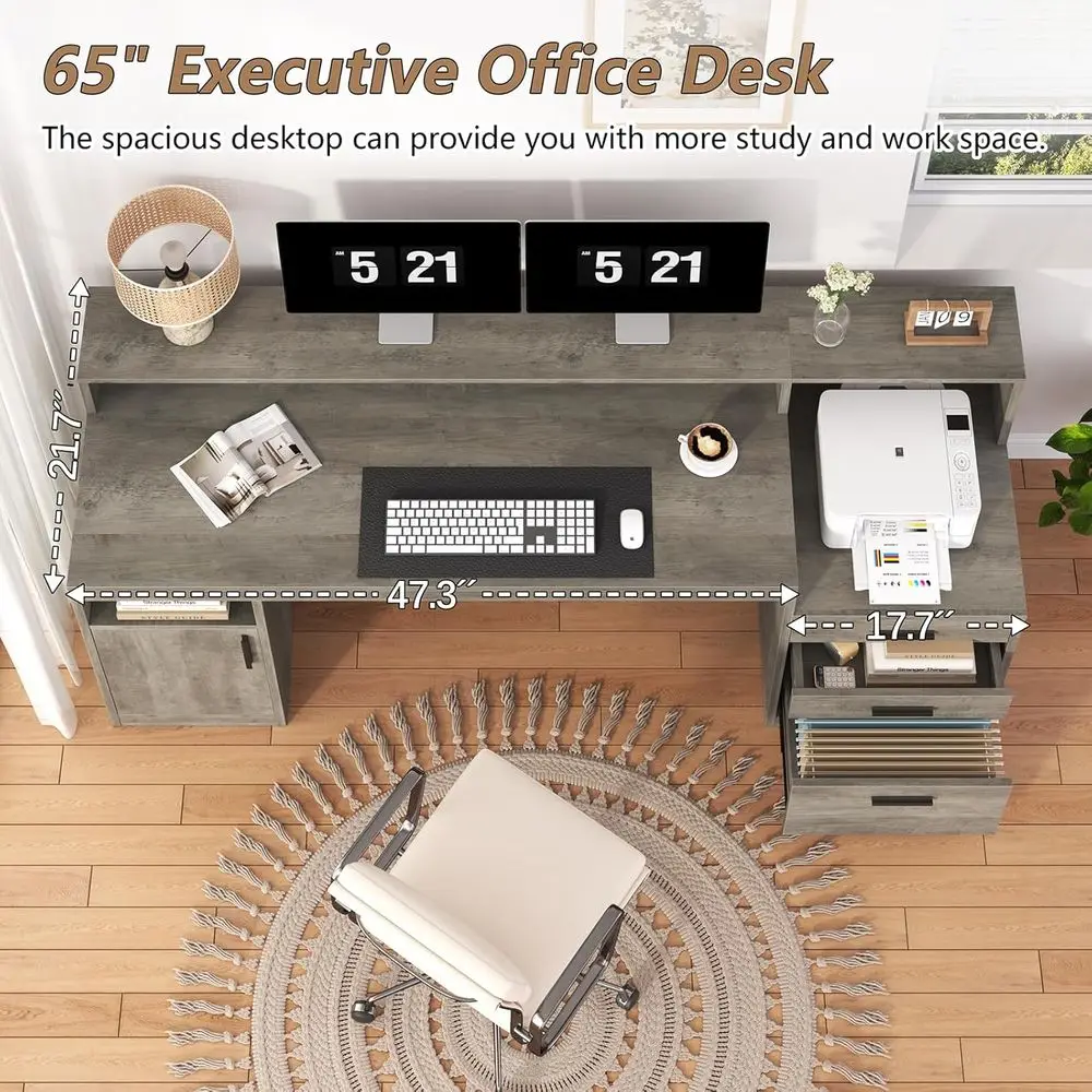 65 Grey Executive Desk with 3 Drawers, Storage Shelves, Monitor Stand, and Printer Shelf