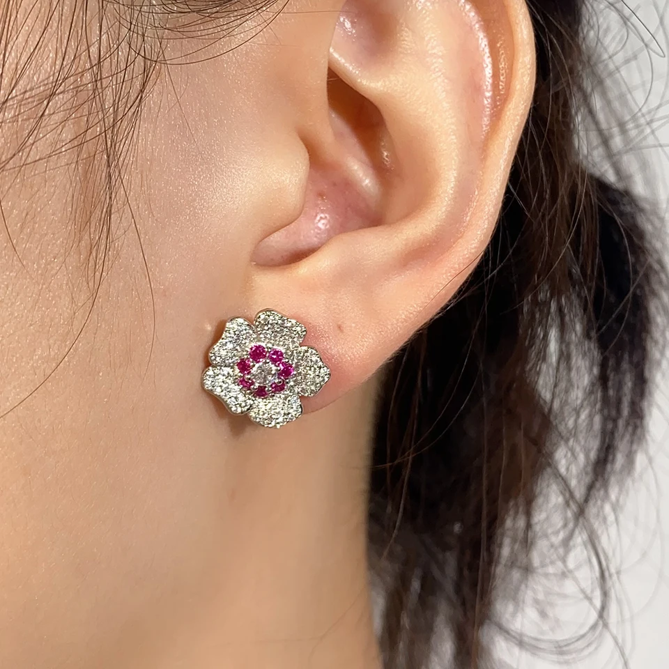 ZAKOL Bling CZ Flower Stud Earrings AAA Cubic Zirconia Aesthetic Women\'s Ear Accessories Bright Red Earrings Trendy Jewelry Gift