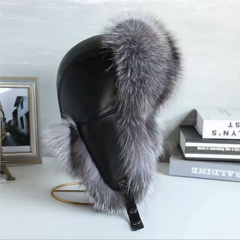 

Silver-blue hat men's natural solid color fur cotton for warmth and ear