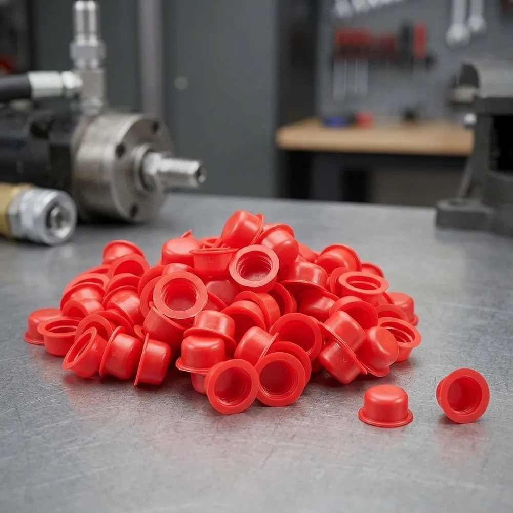 100Pcs For Red PVC Threaded Hole Stoppers Round Head Tapered Cap Waterproof For Hydraulic Pneumatic Fuel Line Sealing