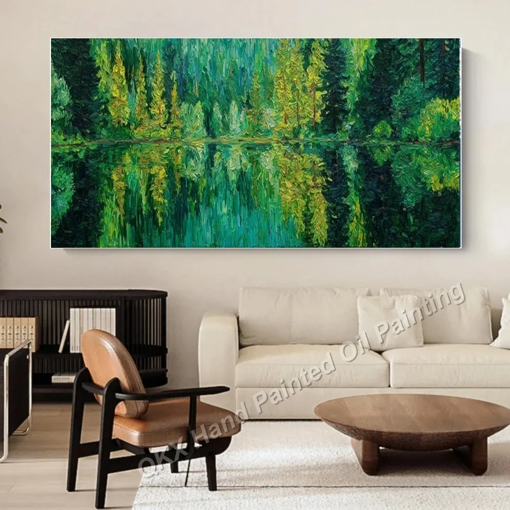 Handmade Oil Painting on Canvas Wall Art Decor for Living Room, Healing Natural Impressionist Pine Tree Lake Landscape Wall Art