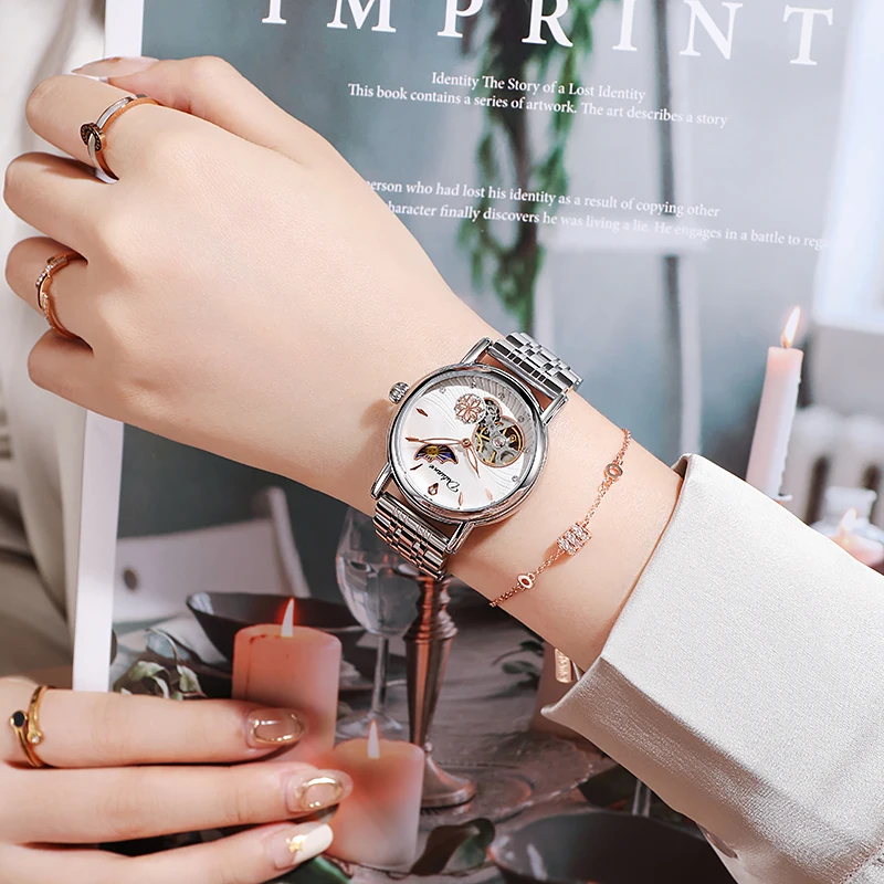 Dulunwe Luxury Ladies Skeleton Mechanical Watch Moon Phase Female Dress Watch Gift