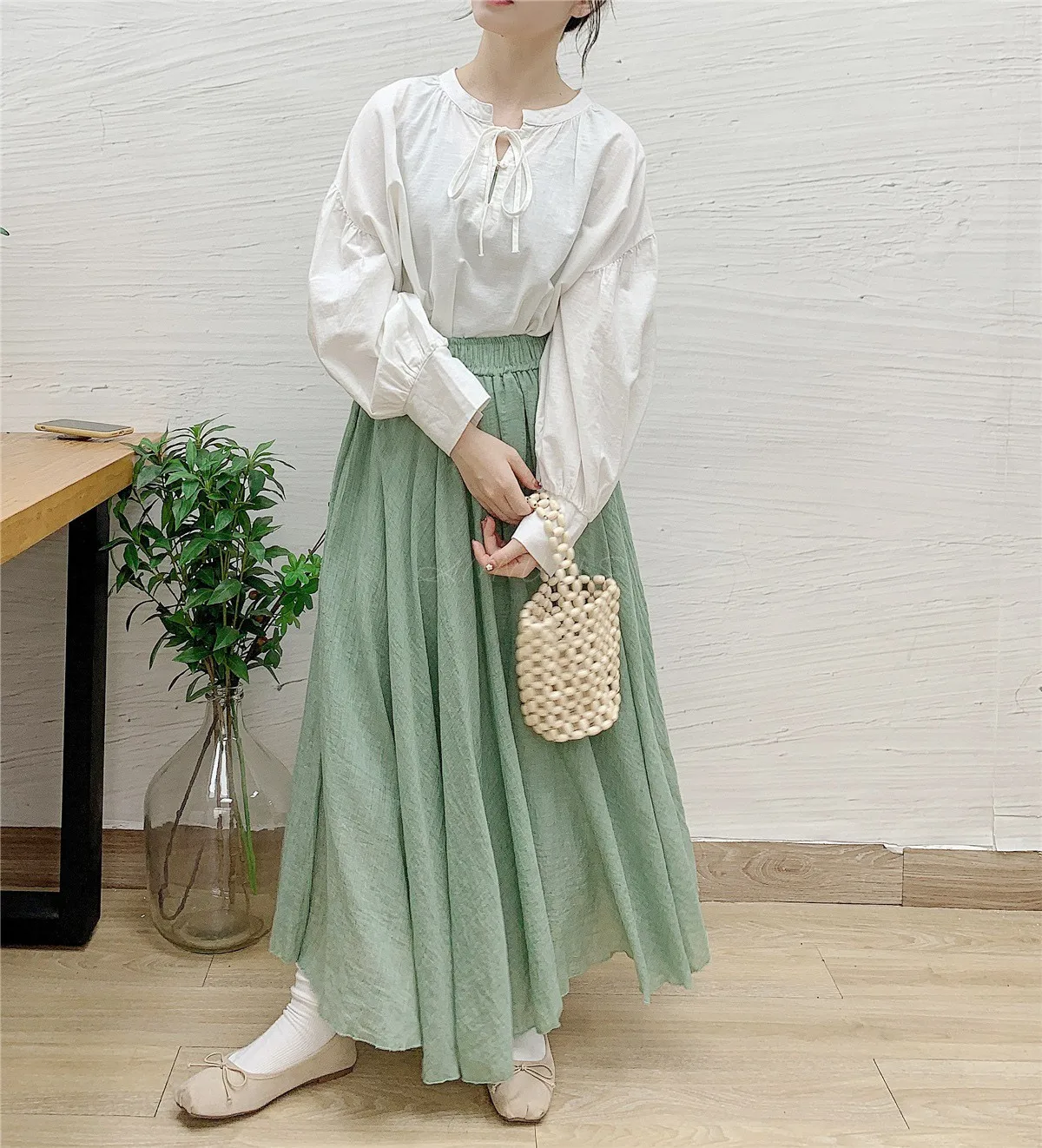 

ANNUUS Pure Color Cotton Yarn High Waist Elastic Waist Long Double Layer Sweet Skirt A-Line Skirt for Young Women