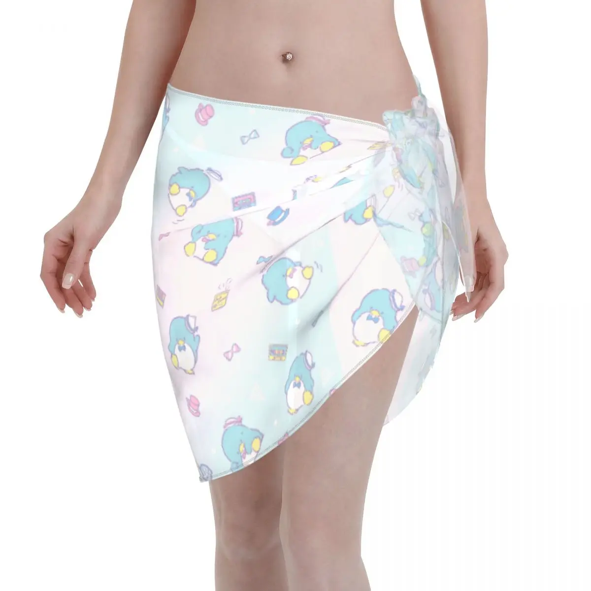 Sanrio Tuxedo Sam Women Beach Sarongs Sheer Cover Ups Chiffon Cartoon Penguin Bikini Wrap Skirt for Swimwear