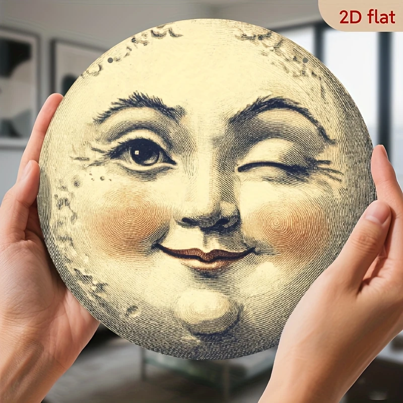 Retro Moon Face Metal Sign - 8-Inch Round Aluminum Wall Art with Vintage Faux Leather Look, Perfect for Hanging in Apartments