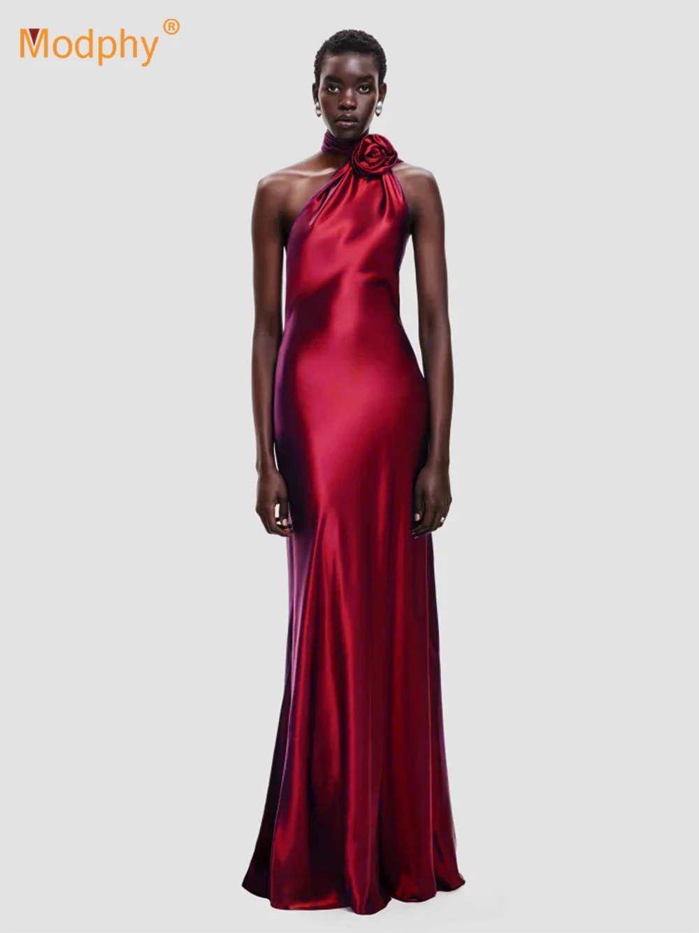 Elegant Solid 3D Flowers Ribbon Women Halter Dress Off Shoulder Sleeveless Backless Slim Female Maxi Dresses Chic Lady Robe