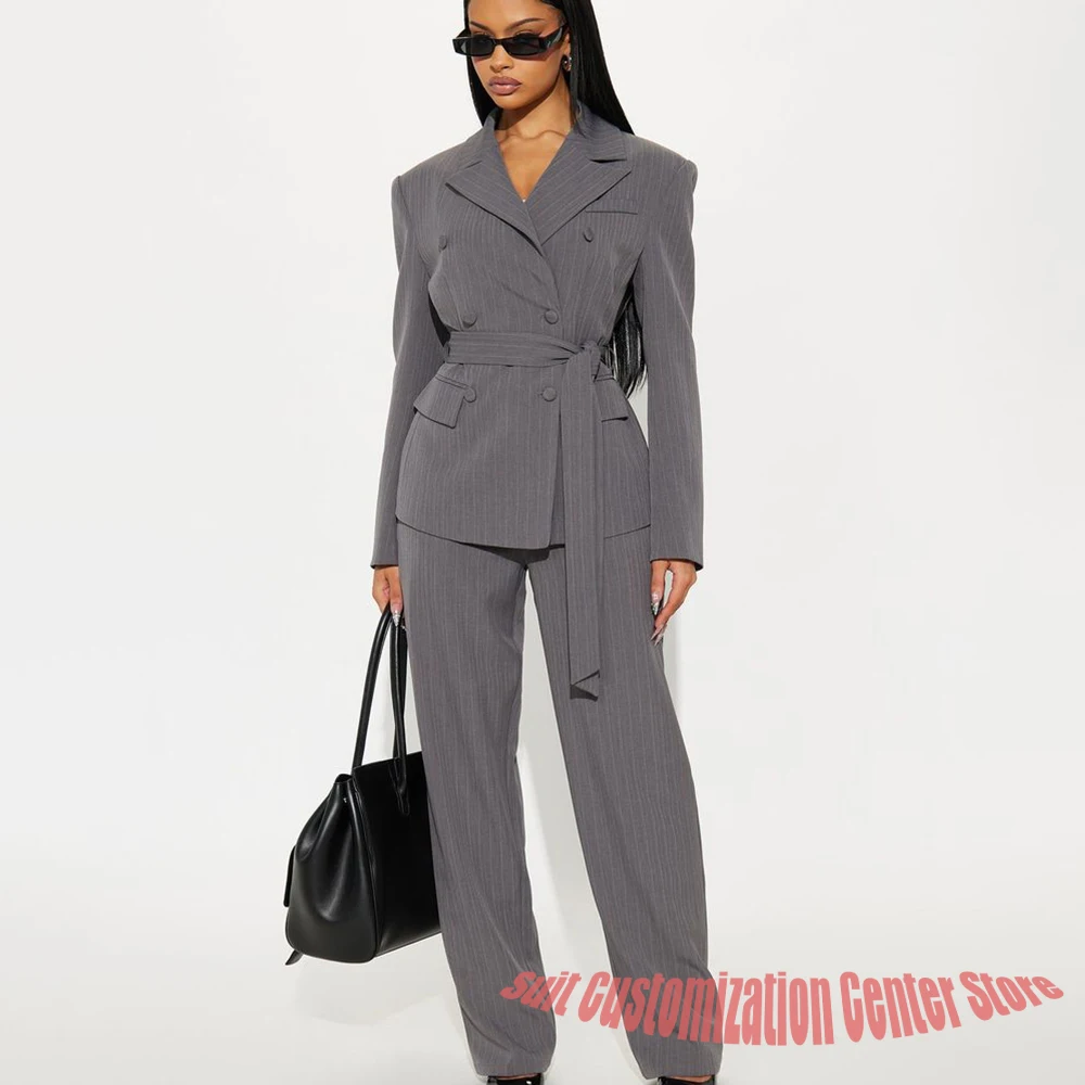 

Grey Pinstripe Belted Women's Jacket Pants Set 2Piece Suit Slim Fit Double Breasted Notch Lapel Blazer for Professionals