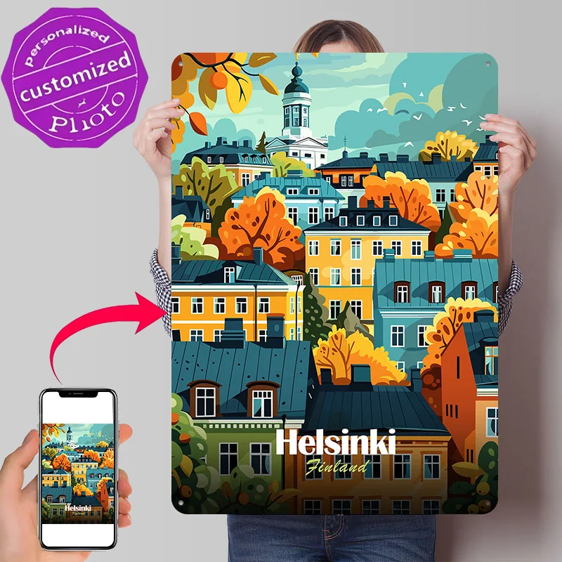 Helsinki Finland Cityscape Personalized 3D Textured Metal Poster Wall Art Vintage Tin Signs for Home Decor Accessories Wand Deko