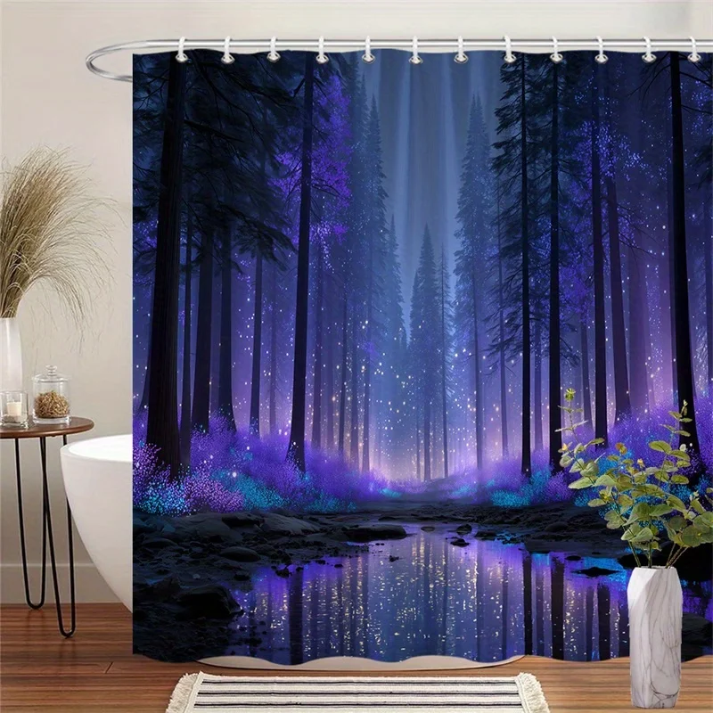 Deep Forest Glow Shower Curtain Waterproof Bathroom Decor Mystic Woodland Shower Curtain Liner Purple Night Sky Fantasy Scenery