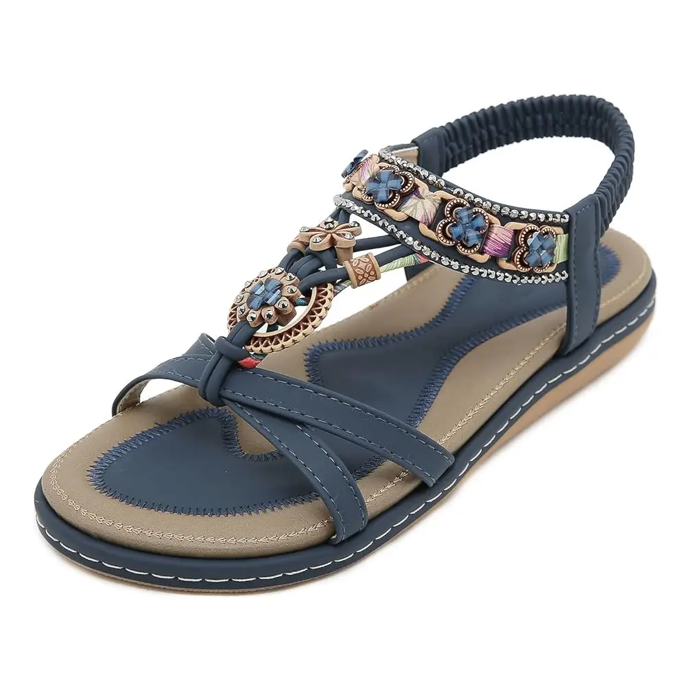

Women's Flat Sandals with Elastic Ankle Strap - Comfortable Dressy Rhinestone Summer Sandals for Casual or Formal Occasions