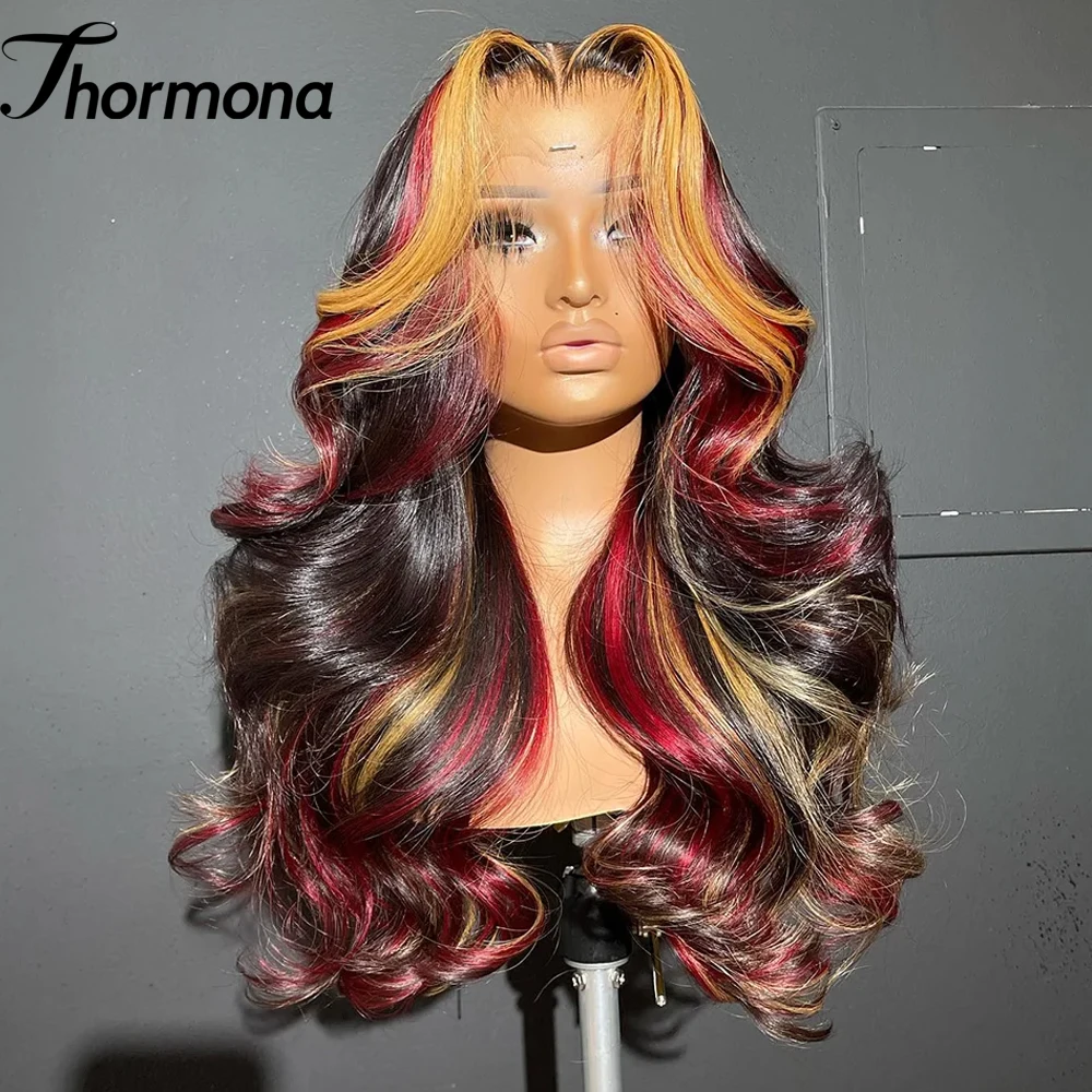 Highlight Honey Blonde Red Body Wave Synthetic 13x4 Lace Frontal Wigs PrePlucked With Baby Hair Ready Go 13x6 Lace Front Wig