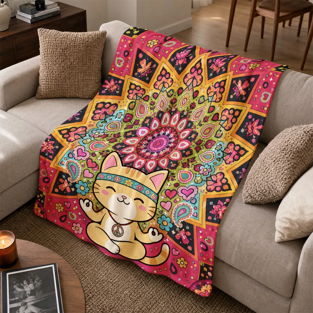 Cute Cat Mandala Print Throw Blanket Boho Geometric Fuzzy Lap Cover Sofa Couch Decor Gift Hippie Cozy Warm Fuzzy Throw