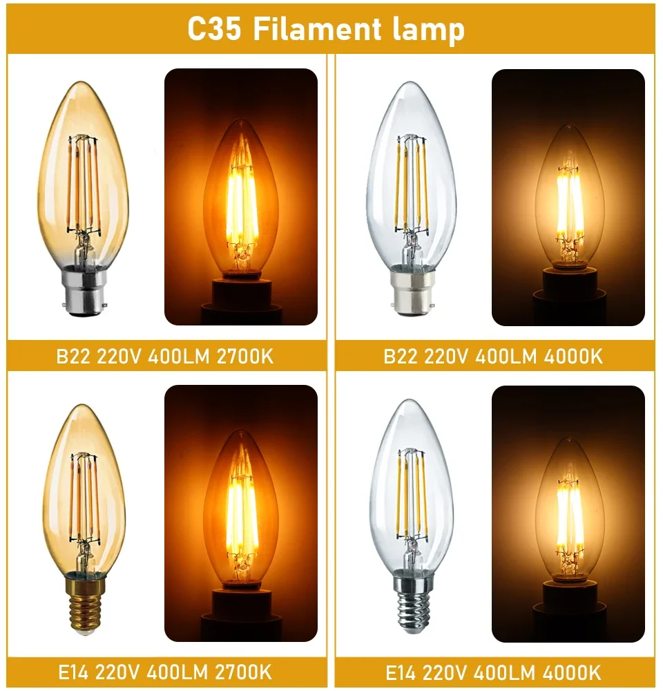 LED Filament Bulb Retro Edison E27 E14 B22 Lamp AC220V Light Bulb C35 G45 A60 ST64 G80 G95 G125 Glass Bulb Vintage Candle Light