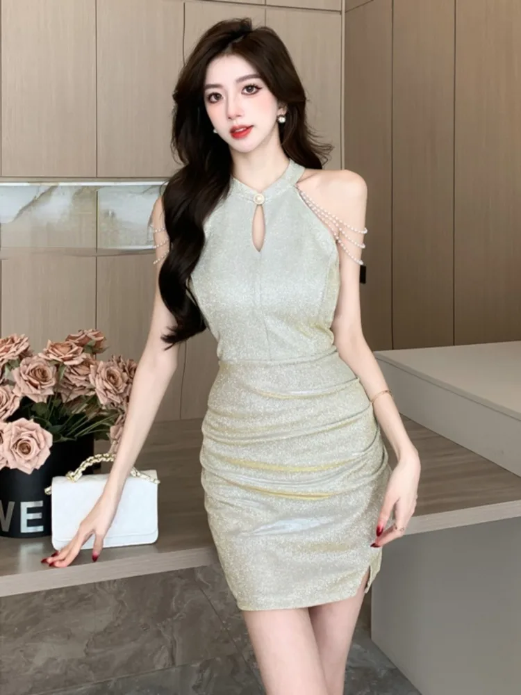 Topanoma Woman Evening Dress Sleeveless Elegant Chain Halter Split Cocktail Mini Dresses Clubwear Wedding Party Engagement Lady