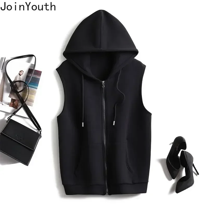 Korean Hoodies Women 2023 Ropa Mujer Pockets Sleeveless Hooded Zipper Vest Fashion Casual Sweatshirts Y2k Oversized Tops 27j389