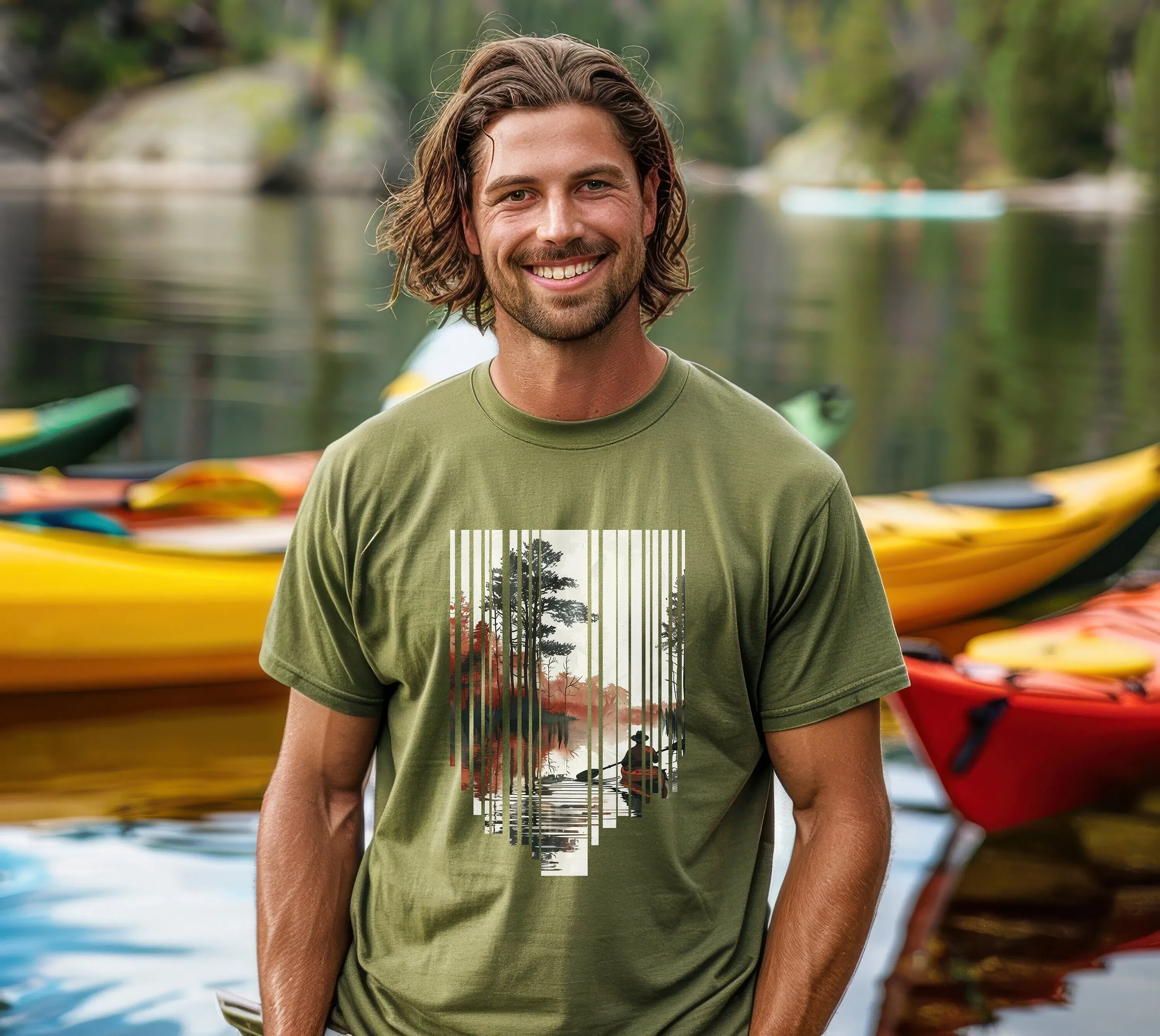 Kayak T Shirt Kayaker in Tall Pines Perfect for Outdoor Enthusiasts Kayaking Him or Her