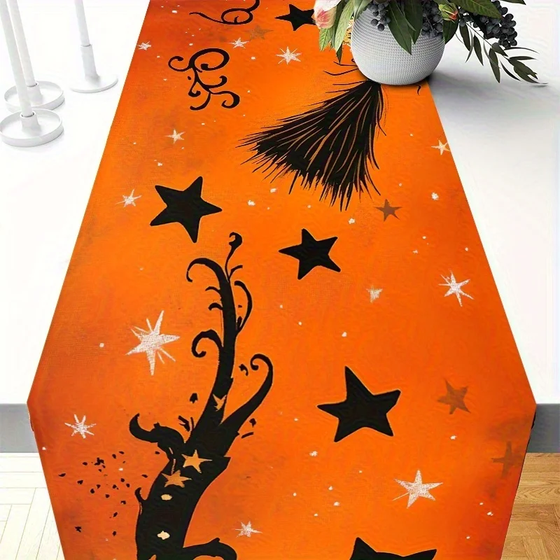 1Pc Halloween Theme Table Flag, Scary Orange Background with Flying Broom Star Pattern, Suitable for Party, Restaurant, Home, Market, Holiday Decoration Scene.