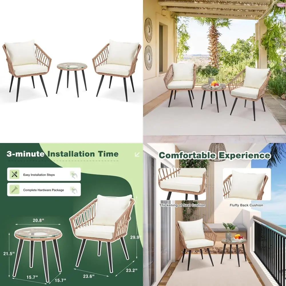 

3-Piece Outdoor Wicker Patio Bistro Set with Glass Table, Chairs, and Cushions, All-Weather Resistant