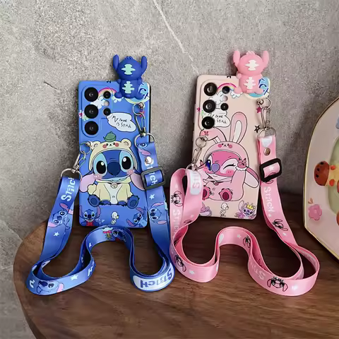 The cartoon Stitch phone case is equipped with a magnetic stand and a beautiful lanyard For Samsung S25 ultra S24 S23 S22 S21