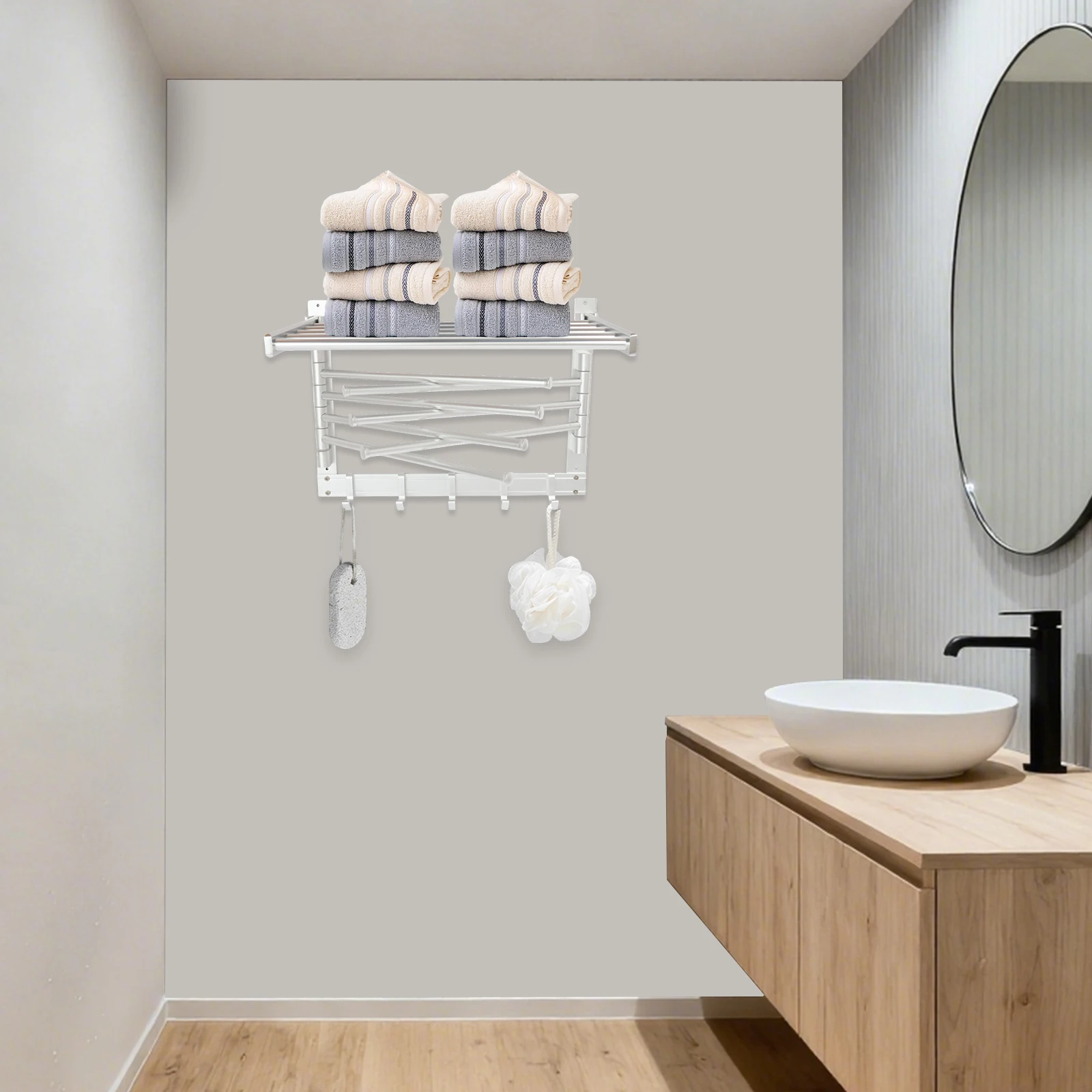 

Space Aluminum Wall-Mounted Towel Rack – 7 Folding Rods, 5 Hooks, 44 lbs Capacity, Rustproof for Bathroom, Kitchen, or RV