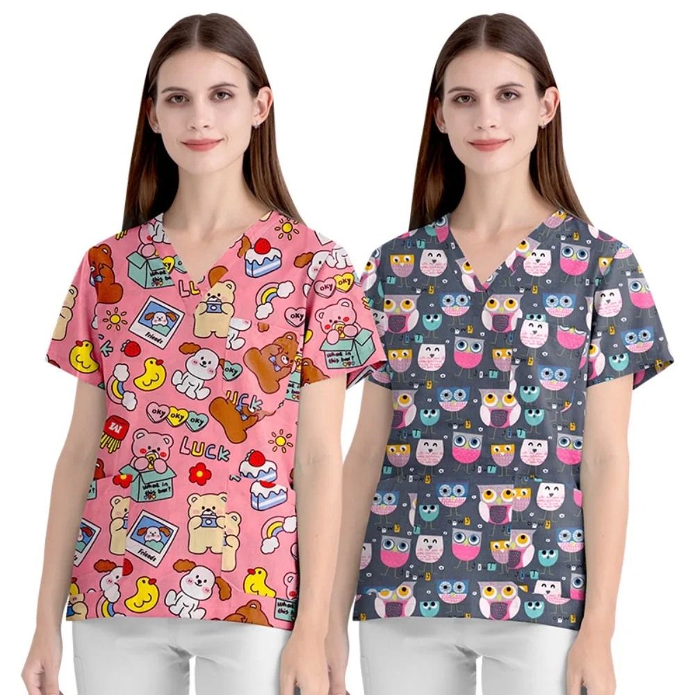 Cartoon Printed Nurse Uniform Surgical Uniform Protective Work Uniform V-neck Short-sleeved Cotton T-shirt Top Popular V-neck