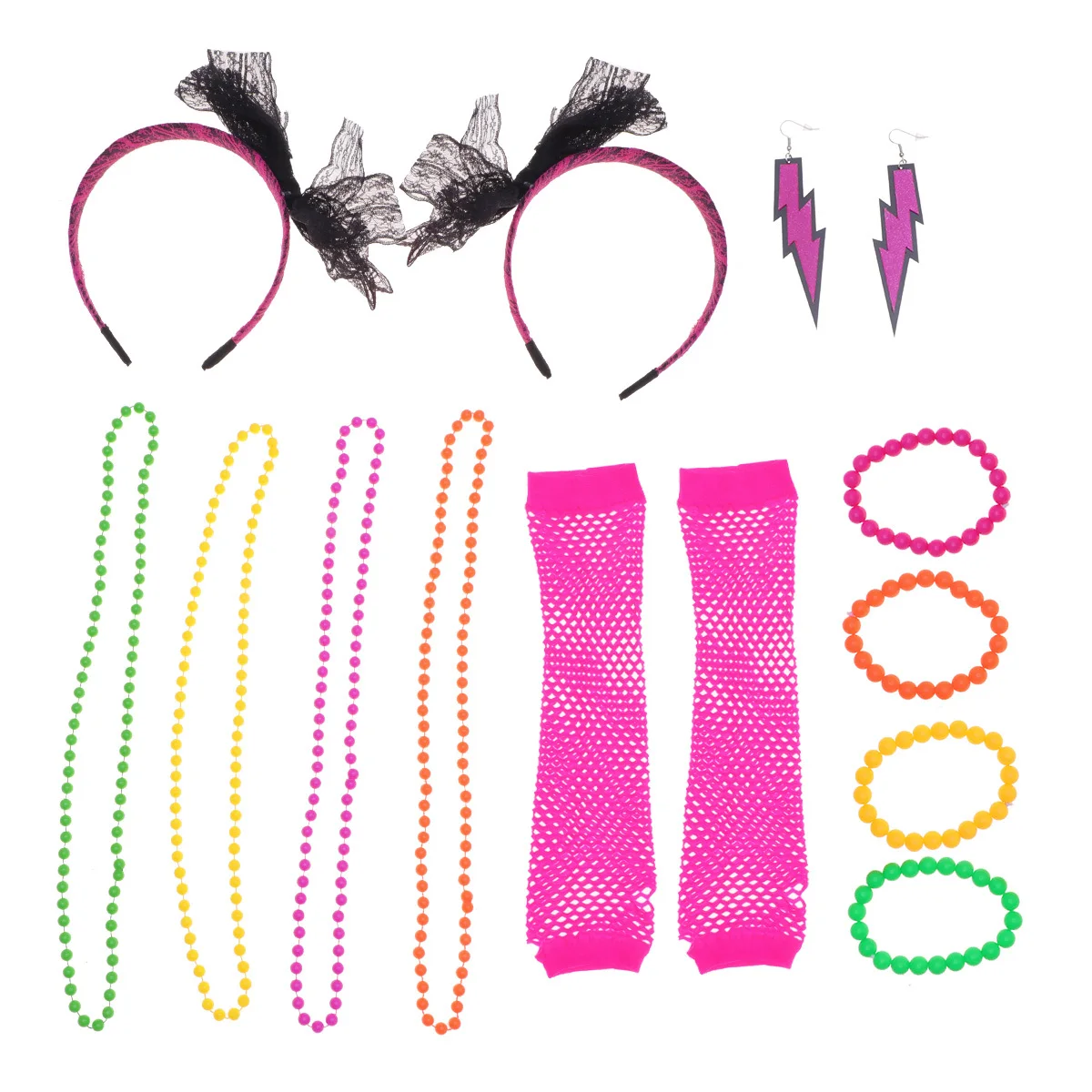 1쌍 80년대 스타일 의상 액세서리 화려한 목걸이 팔찌 귀걸이 망사 장갑 레이스 헤어밴드 댄스 쇼 파티용