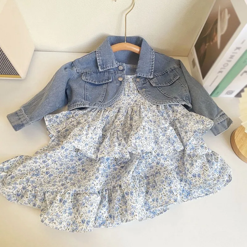 2Pcs Summer Girls Clothes Sets Denim Coat + Floral Print Sleeveless Slip Dress Girl Princess Dress New Toddler Children Clothing