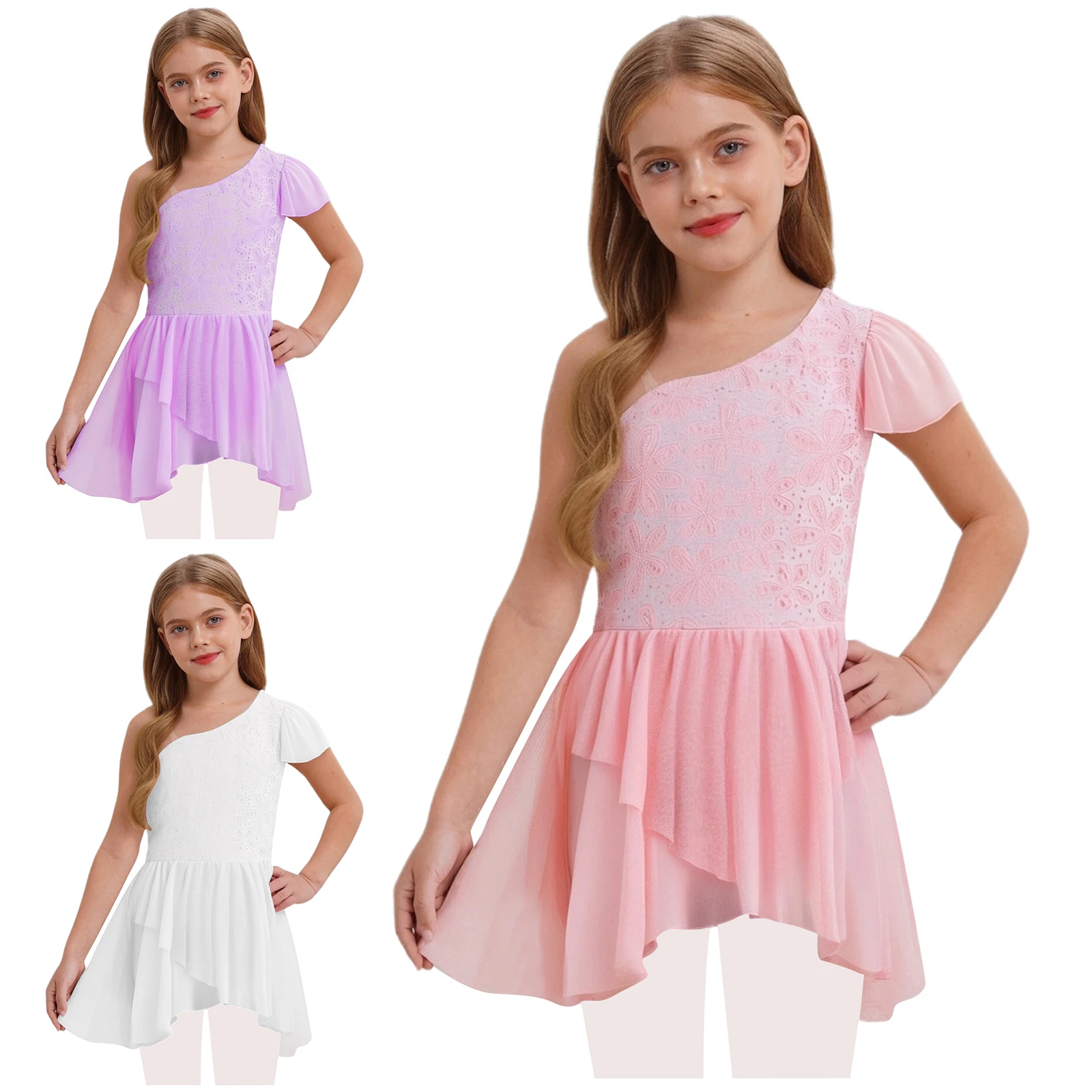 

Elegant Ballet Lyrical Dress for Kids Girls Floral Lace Lightweight Stylish Off-Shoulder Design for Latin Dance Parties Recitals