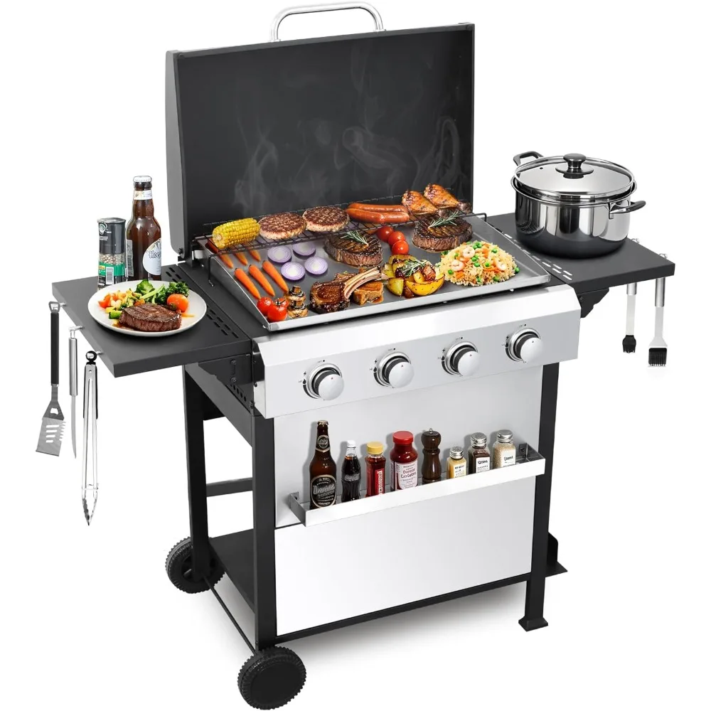 Parrilla de gas propano con tapa plana de 4 quemadores de acero inoxidable con plancha y mesa auxiliar plegable, parrilla para barbacoa al aire libre de 49,200 BTU, Porcelai