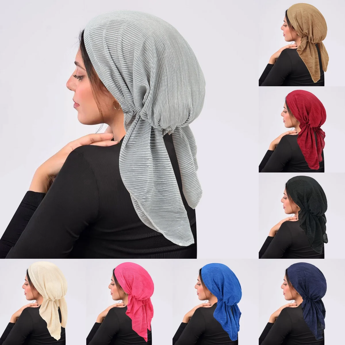 

New Crinkle Muslim Hijab Caps Wrap Head Soft Elastic Long Tail Turban Bonnet Fashion Solid Color Headdress Wearable