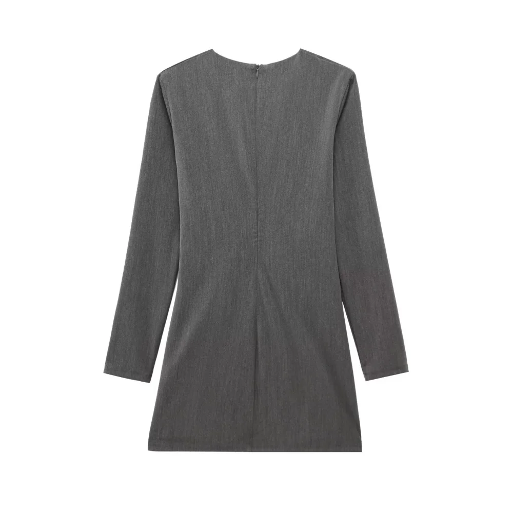 2025 BM MD ZA Women's Long - sleeve Grey Bodycon Dress with Cut - out and Belt Detail Ruched Design for a Stylish Look