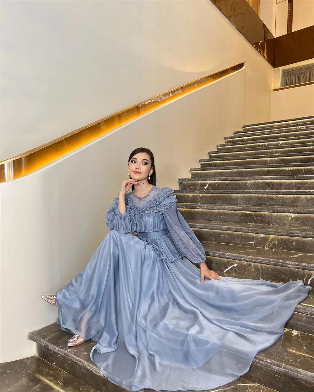 Customized Saudi Arabia Evening Dress Dearin Scoop Neckline A-line Floor Length Skirts Draped Layered Bead Bespoke Occasion Dres