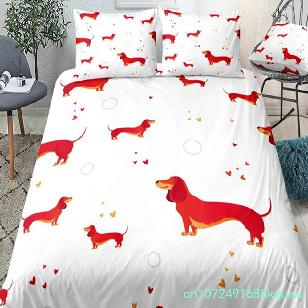 Cartoon Pet Bedding Set Dachshund Sausage Dog Duvet Cover Set Cute Kids Teen Quilt Cover Taupe Bed Cover Dog Home Textile
