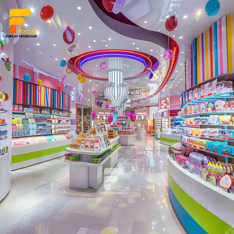 Customized-Factory Manufacturing Candylicious Pink Candy Store Wood Display Rack Shelf Nuts Shop Counter