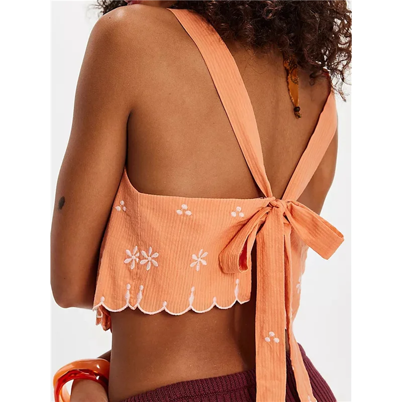 AOAO – Blusa feminina com gola redonda, sem mangas, ondulada, cores contrastantes, bainha, bordado