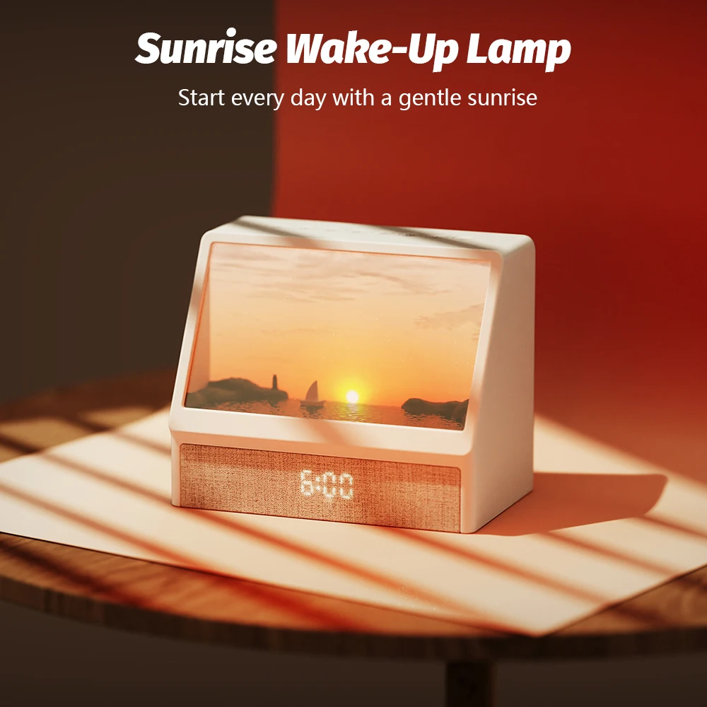 ลำโพงบลูทูธ Sunrise Wake Up Light พร้อมรีโมทคอนโทรล ปรับความสว่างได้ นาฬิกา LED เสียง White Noise ไฟกลางคืนสำหรับห้องนอน ของขวัญสำหรับเด็ก