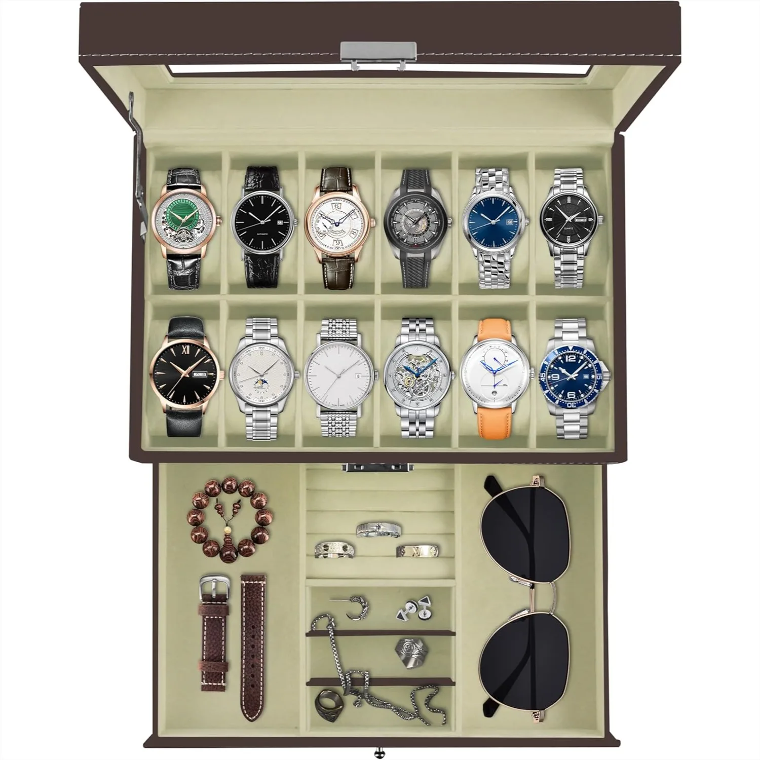 

12 Slot PU Leather Lockable Watch Storage Box with Glass Lid, 2-Tier Jewelry Display Case for Men & Women